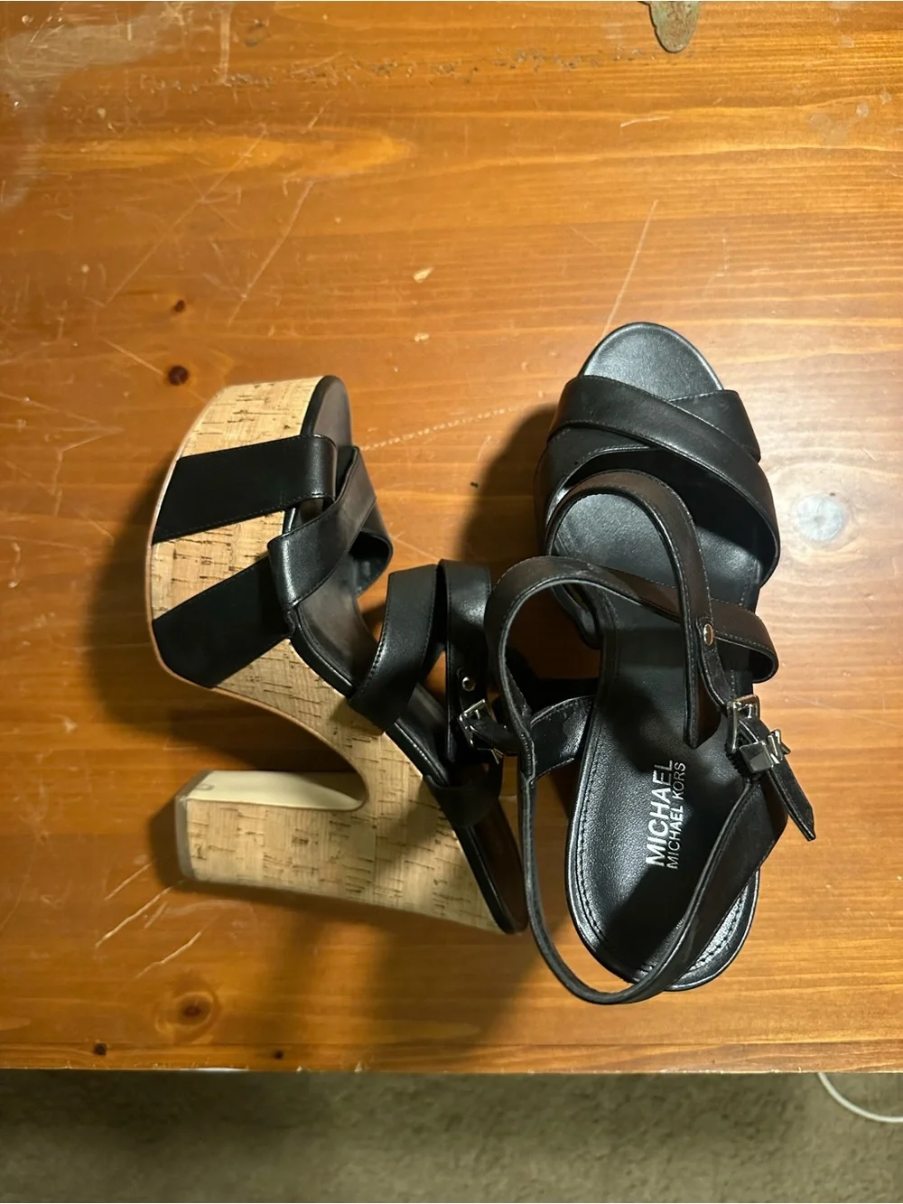 Michael Kors Black Strappy Platform Cork Wedge Sandals
